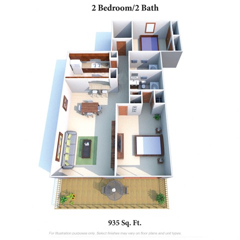 Floor plan for 2 beds, 2 baths, 935 sqft